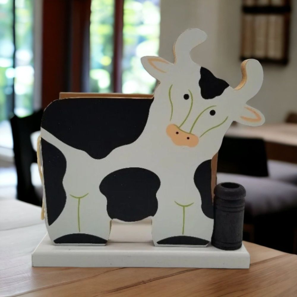 Vintage Napkin Toothpick Holder Wooden Cow Black White Kitchen Dining Home Decor